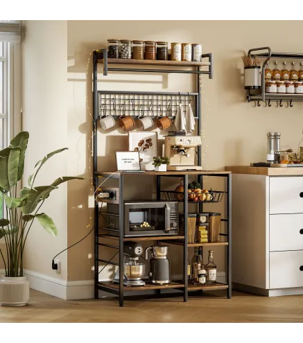 Estantería de Cocina con Tres Enchufes y Luces LED Industrial con Estantes para Microondas 80x42x162 cm Marrón Rústico