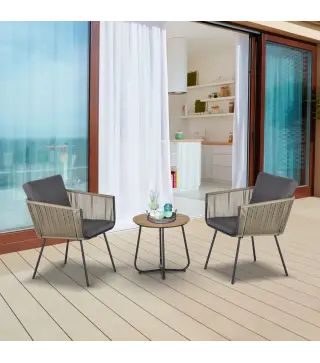 Conjunto de Muebles de Jardín Juego de 3 Piezas Muebles de Ratán 1 Mesa Redonda y 2 Sillas Butaca con Cojines Acolchados para Ba