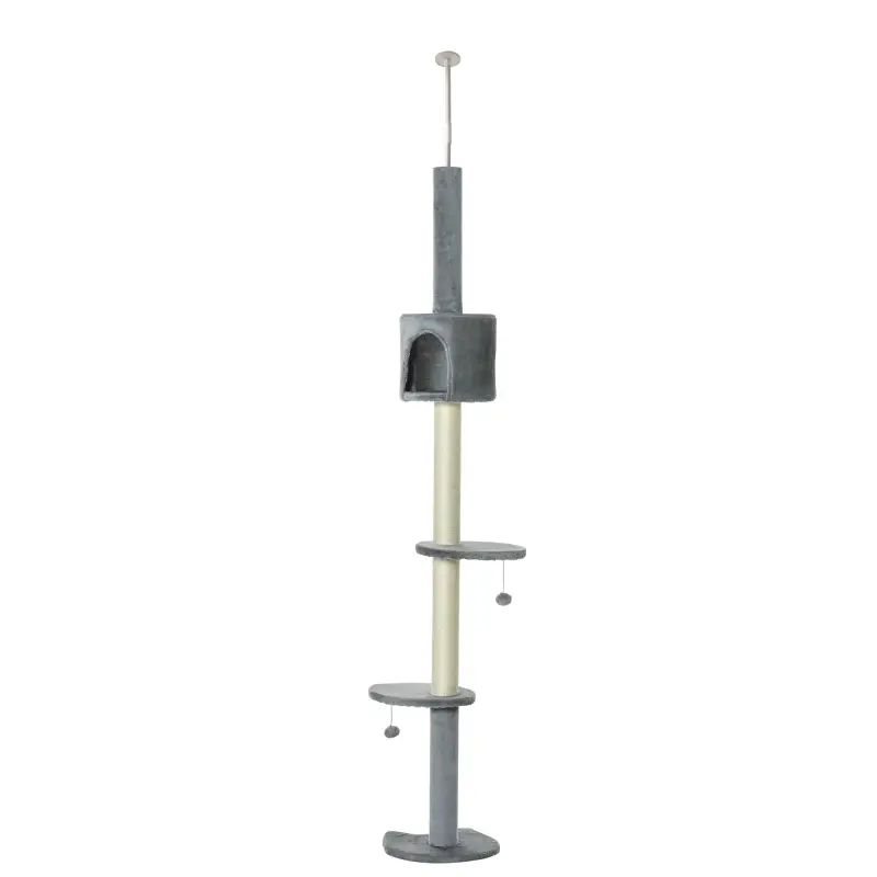 Árbol Rascador para Gatos Rascador para Fijar al Techo Altura 255 cm con Plataformas Cueva Postes de Sisal Bolas Colgantes Gris