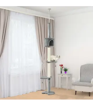 Árbol Rascador para Gatos Rascador para Fijar al Techo Altura 255 cm con Plataformas Cueva Postes de Sisal Bolas Colgantes Gris