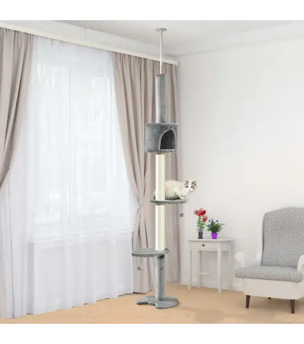 Árbol Rascador para Gatos Rascador para Fijar al Techo Altura 255 cm con Plataformas Cueva Postes de Sisal Bolas Colgantes Gris