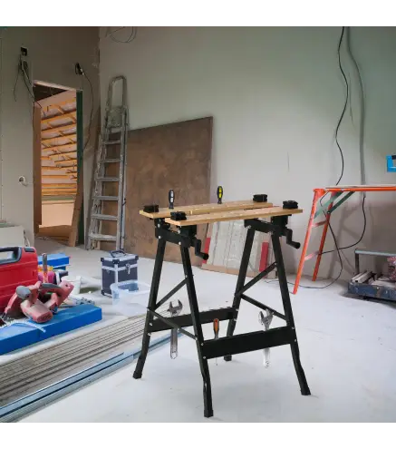 Banco de Trabajo Plegable Portátil con Tableros Ajustables Ángulo y Distancia 63,5x60,5x78 cm Madera Natural y Negro