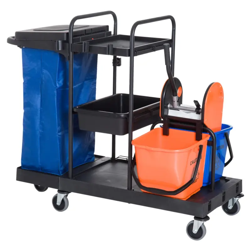 Carro de Limpieza con Bolsa de Basura Carro de Servicio con Cubos de Fregar de 18L Escurridor de Prensa y Estantes para Hotel 11
