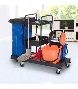Carro de Limpieza con Bolsa de Basura Carro de Servicio con Cubos de Fregar de 18L Escurridor de Prensa y Estantes para Hotel 11
