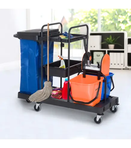 Carro de Limpieza con Bolsa de Basura Carro de Servicio con Cubos de Fregar de 18L Escurridor de Prensa y Estantes para