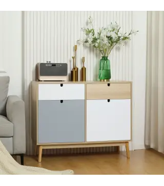 Aparador Auxiliar Mueble de Almacenamiento de Salón con 2 Armarios Cerrados y 2 Cajones Patas Elevadas de Madera de Pino para Co