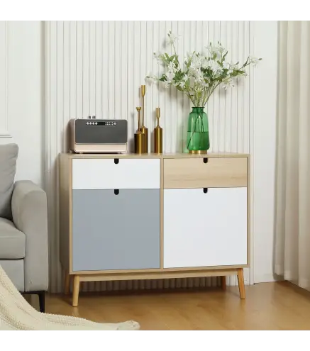 Aparador Auxiliar Mueble de Almacenamiento de Salón con 2 Armarios Cerrados y 2 Cajones Patas Elevadas de Madera de Pino