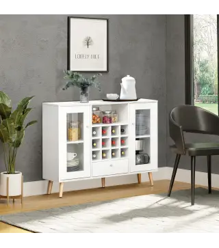 Aparador de Cocina con Botellero Cajón Estante Abierto y 2 Armarios con Puertas de Cristal 100x33x80 cm Blanco