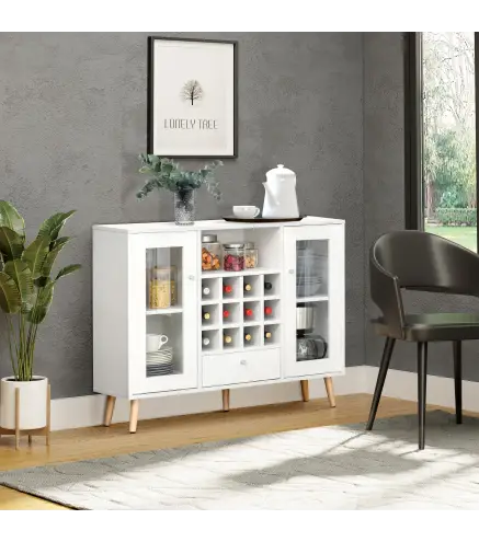 Aparador de Cocina con Botellero Cajón Estante Abierto y 2 Armarios con Puertas de Cristal 100x33x80 cm Blanco