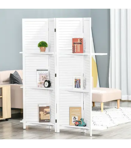 Biombo Separador de Madera de 4 Paneles Divisor de Habitaciones Plegable con 3 Estantes Extraíbles Diseño Persiana para