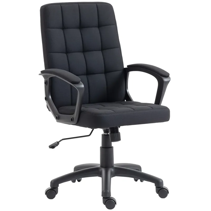 Silla de Oficina Giratoria Tapizada en Lino Sintético Altura Ajustable Basculante Respaldo Medio Reposabrazos Negro