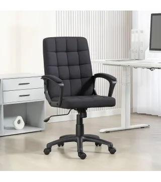 Silla de Oficina Giratoria Tapizada en Lino Sintético Altura Ajustable Basculante Respaldo Medio Reposabrazos Negro