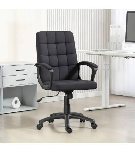 Silla de Oficina Giratoria Tapizada en Lino Sintético Altura Ajustable Basculante Respaldo Medio Reposabrazos Negro