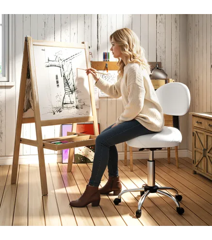 Taburete Giratorio con Respaldo y Ruedas Silla Ajustable para Salones de Belleza Estudio de Tatuajes 50x50x83-98cm Blanc