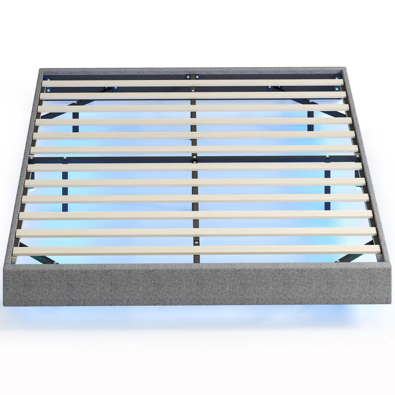 Somier 160x200 cm con Luces LED Estructura de Cama Tapizado en Lino Láminas de Madera Fácil de Montar Gris