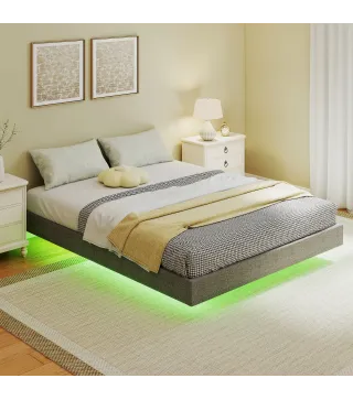 Somier 160x200 cm con Luces LED Estructura de Cama Tapizado en Lino Láminas de Madera Fácil de Montar Gris