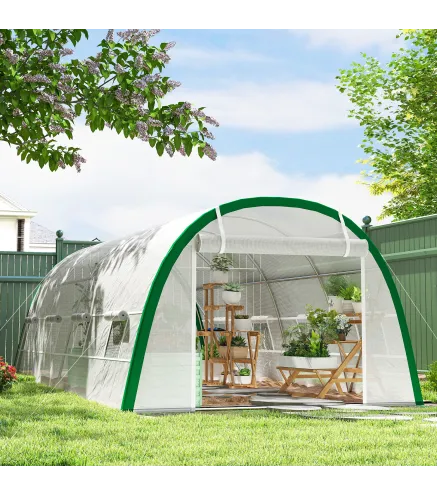 Invernadero de Túnel 6x3x2 m con Puerta Enrollable 8 Ventanas de Malla y Estructura de Acero Galvanizado Blanco