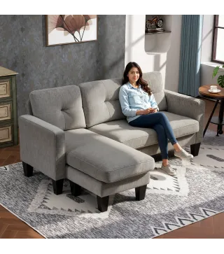 Sofá Chaise Longue Reversible con Estructura de Acero Tapizado en Chenilla 186x130x84cm Marrón Topo