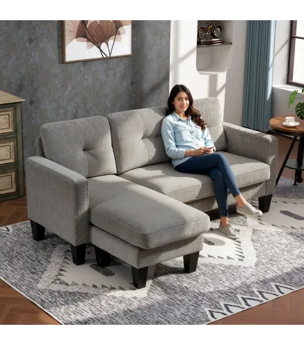 Sofá Chaise Longue Reversible con Estructura de Acero Tapizado en Chenilla 186x130x84cm Marrón Topo