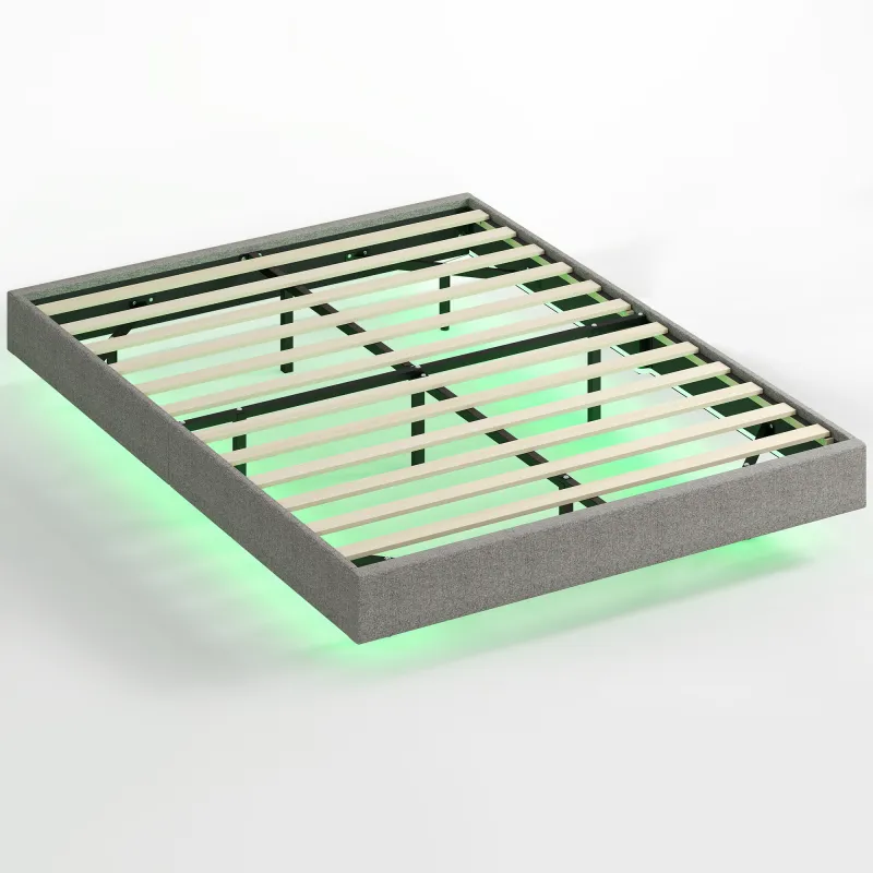 Somier 140x190 cm con Luces LED Estructura de Cama Tapizado en Lino Láminas de Madera Fácil de Montar Gris