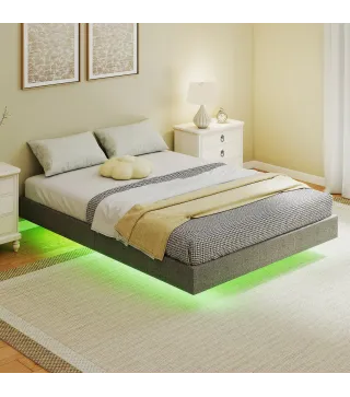 Somier 140x190 cm con Luces LED Estructura de Cama Tapizado en Lino Láminas de Madera Fácil de Montar Gris
