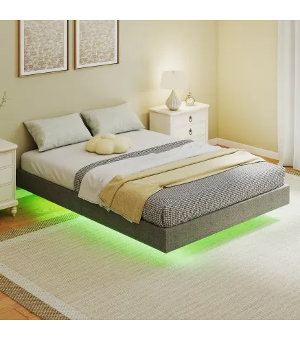 Somier 140x190 cm con Luces LED Estructura de Cama Tapizado en Lino Láminas de Madera Fácil de Montar Gris