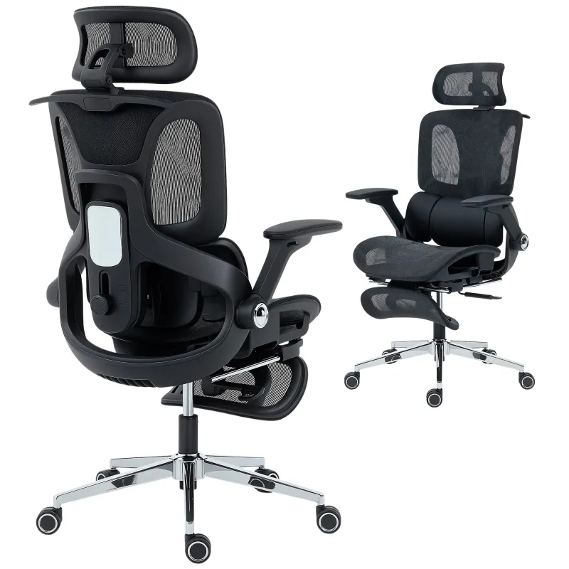 Silla de Escritorio de Malla con Reposapiés Respaldo Reclinable Soporte Lumbar Reposabrazos y Reposacabezas Ajustable