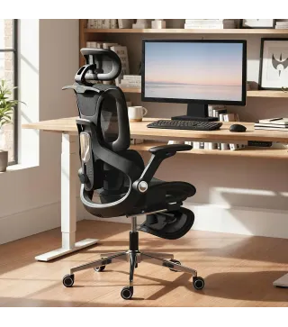 Silla de Escritorio de Malla con Reposapiés Respaldo Reclinable Soporte Lumbar Reposabrazos y Reposacabezas Ajustable