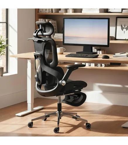 Silla de Escritorio de Malla con Reposapiés Respaldo Reclinable Soporte Lumbar Reposabrazos y Reposacabezas Ajustable