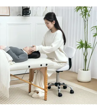 Taburete Giratorio con Respaldo y Ruedas Altura Regulable para Salones de Belleza Estudio de Tatuajes Blanco