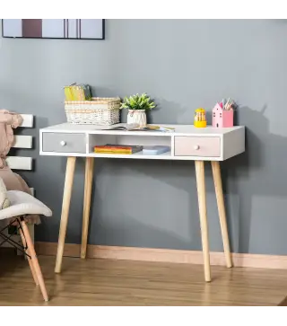 Mesa de Escritorio Infantil Mesa Consola con 1 Compartimento Abierto y 2 Cajones Estilo Nórdico para Estudio Entrada Dor
