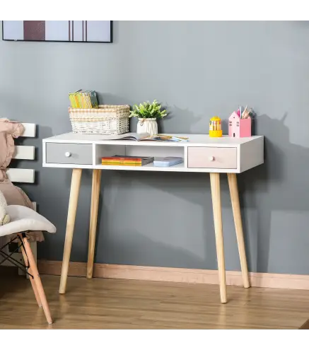 Mesa de Escritorio Infantil Mesa Consola con 1 Compartimento Abierto y 2 Cajones Estilo Nórdico para Estudio Entrada Dor