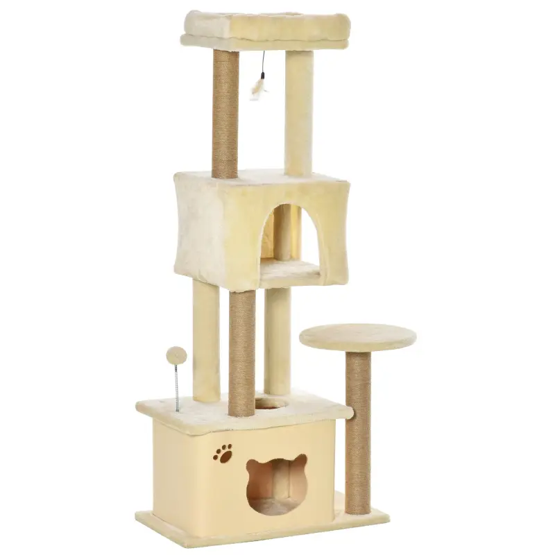 Árbol Rascador para Gatos Grande 60x34x136 cm Árbol para Gatos con Plataformas Cuevas de Felpa Postes de Yute Beige