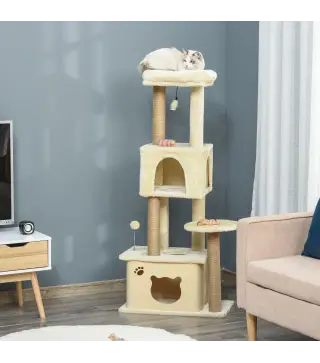 Árbol Rascador para Gatos Grande 60x34x136 cm Árbol para Gatos con Plataformas Cuevas de Felpa Postes de Yute Beige