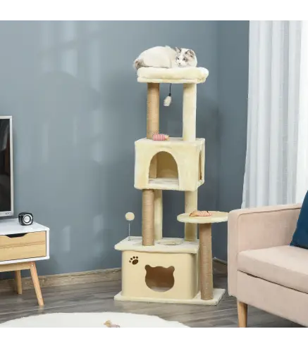 Árbol Rascador para Gatos Grande 60x34x136 cm Árbol para Gatos con Plataformas Cuevas de Felpa Postes de Yute Beige
