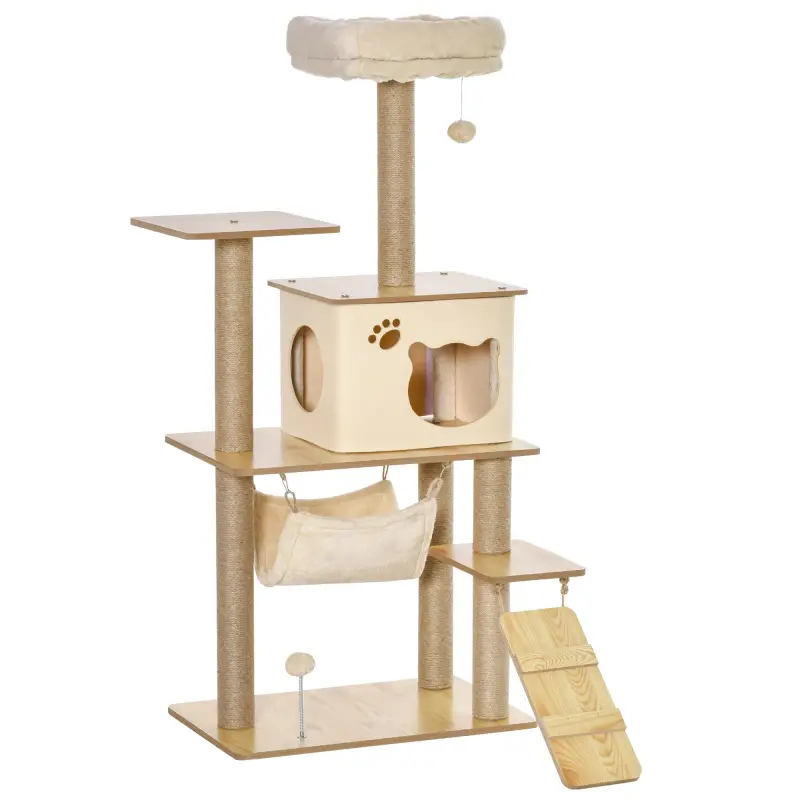 Árbol Rascador para Gatos 130 cm, Árbol para Gatos con 5 Plataformas, Hamaca, Escalera, Cueva, Postes de Yute, Bola Colgante, Be