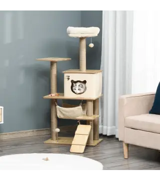 Árbol Rascador para Gatos 130 cm, Árbol para Gatos con 5 Plataformas, Hamaca, Escalera, Cueva, Postes de Yute, Bola Colgante, Be