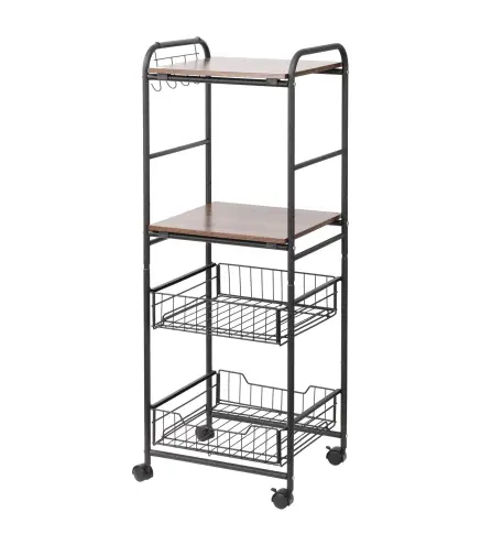 Carrito Auxiliar de Almacenaje con 2 Estantes 2 Cestas Extraíbles y 4 Ganchos 40x38x111 cm Nogal y Negro