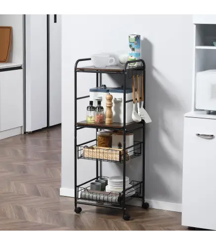 Carrito Auxiliar de Almacenaje con 2 Estantes 2 Cestas Extraíbles y 4 Ganchos 40x38x111 cm Nogal y Negro