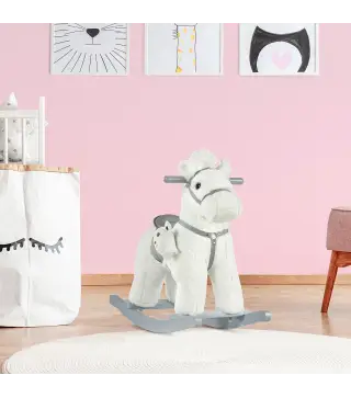 Caballito Balancín para Niños 18-36 Meses Caballo Mecedora Felpa con Osito de Peluche Sonidos de Relincho y Galope Base de Mader