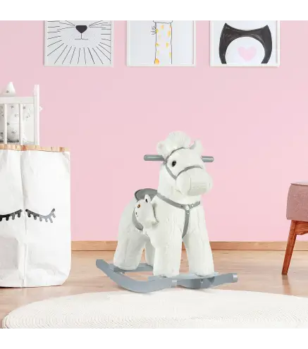 Caballito Balancín para Niños 18-36 Meses Caballo Mecedora Felpa con Osito de Peluche Sonidos de Relincho y Galope Base de Mader