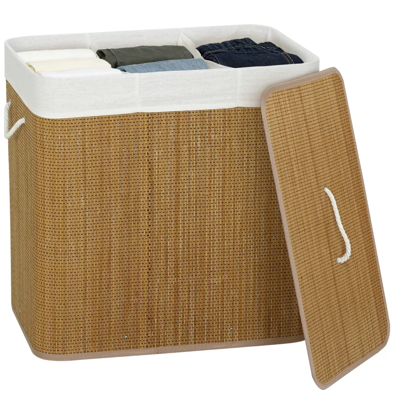 Cesto de Ropa Sucia de Bambú con 3 Compartimentos Asas para Facilitar el Uso y Bolsas Desmontables Lavables 60x40x60 cm Cesto de Ropa Sucia de Bambú con 3 Compartimentos Asas para Facilitar el Uso y Bolsas Desmontables Lavables 60x40x60 cm