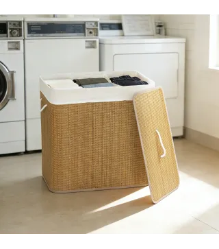 Cesto de Ropa Sucia 144L de Bambú con 3 Compartimentos Asas Bolsa Interior Extraíble 60x40x60 cm Marrón