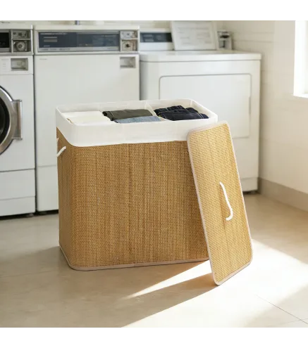 Cesto de Ropa Sucia 144L de Bambú con 3 Compartimentos Asas Bolsa Interior Extraíble 60x40x60 cm Marrón