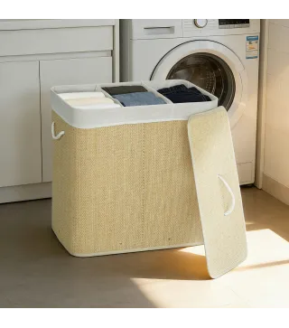 Cesto de Ropa Sucia 144L de Bambú con 3 Compartimentos Asas Bolsa Interior Extraíble 60x40x60 cm Crema