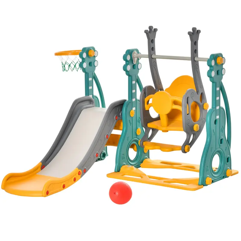 Tobogán Infantil con Columpio y Canasta de Baloncesto 3 en 1 para 18-36 Meses con Asiento Ajustable Parque Infantil para Interio