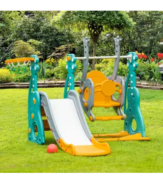 Tobogán Infantil con Columpio y Canasta de Baloncesto 3 en 1 para 18-36 Meses con Asiento Ajustable Parque Infantil para Interio