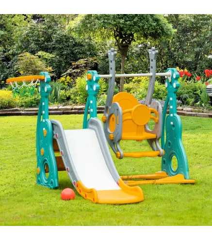 Tobogán Infantil con Columpio y Canasta de Baloncesto 3 en 1 para 18-36 Meses con Asiento Ajustable Parque Infantil para Interio