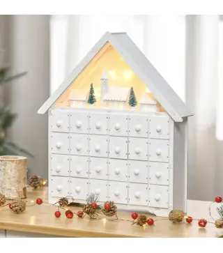 Calendario de Adviento de Navidad Madera con 24 Cajones y Luces LED Decoración Navideña Modelo Casita 39x9x42 cm Blanco