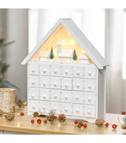 Calendario de Adviento de Navidad Madera con 24 Cajones y Luces LED Decoración Navideña Modelo Casita 39x9x42 cm Blanco